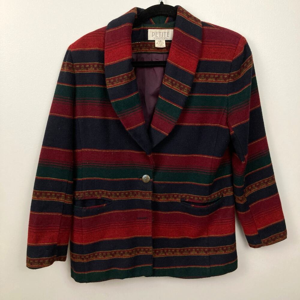Vintage Womens Petite S Southwestern Blanket Long Striped Blazer Aztec Tapestry
